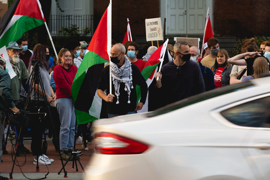 Wafic Faour prepares to lead a pro-Palestinian march down Church Street in Burlington, VT on September 13, 2021.