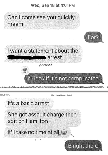 A text message between Poitras and Hardy