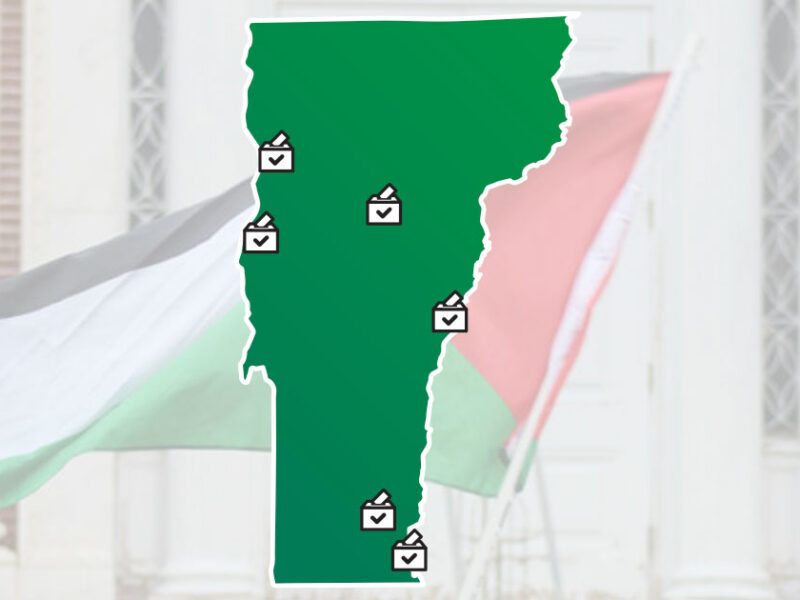 Map of Vermont towns with Apartheid-Free Communities Pledge ballot items