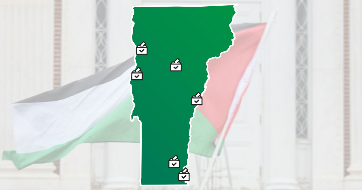 Map of Vermont towns with Apartheid-Free Communities Pledge ballot items